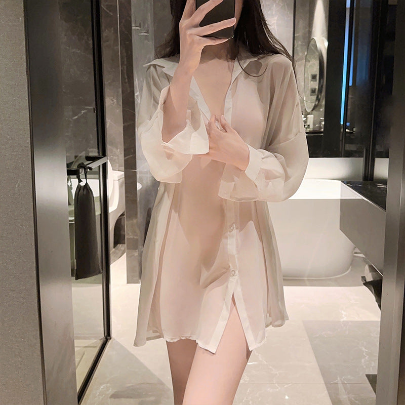 Image of erotic lingerie feminine see-through uniform temptation plus size backless shirt passion boyfriend style pajamas set 8850